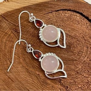 Sterling silver drop earrings faux ruby and rose stone